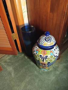 lot 933 image: Kobalt Blue Vase, 14in. and Talavera Ginger Jar with Lid, 17in.