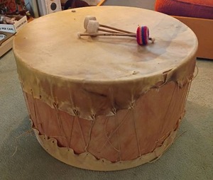 lot 937 image: Native American Style Powwow Drum with Mallets.  19h x 32d
