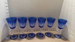 lot 1078 image: Cristal DArques-Durand cobalt blue cut-to-clear crystal water goblets set of 6
