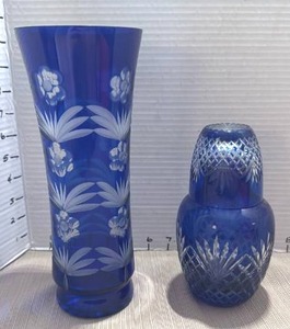 lot 1079 image: Blue Cut Crystal Glass vase and bedside water bottle