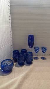 lot 1080 image: Blue Cut Crystal Glassware Set