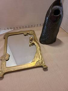 lot 1091 image: Art Nouveau Brass Mirror and Pottery Vase Set