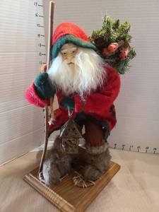 lot 1094 image: Handcrafted Santa Claus Figure with Walking Stick and Lantern, 14in tall