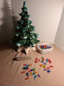 lot 1100 image: Ceramic Christmas Tree with Light Bulb and Colored Plastic Bulb Set