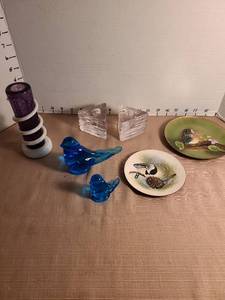 lot 1133 image: Handmade art glass vase, bird figurines and plates, candle holders