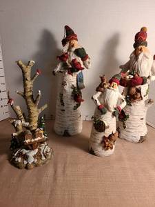lot 1136 image: Department 56 mailboxes on tree stump and 3 Santa tree figures