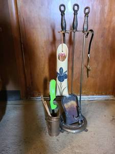 lot 1178 image: Fireplace Tool Set with Floral and Brass Match Holders and Stand