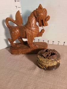 lot 1183 image: Hand Carved Wood Dragon Figurine with Decorative Stone Box
