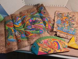 lot 1187 image: Mexican Amate Bark Paper Folk Art Paintings and a decorative fish shaped piece