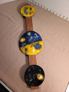 lot 1190 image: Handcrafted Wooden Wall Art with Painted Celestial Design, 21.5in.