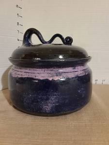 lot 1218 image: Handmade Pottery Bowl with Lid and Snake Handle