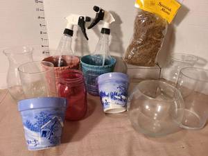 lot 1304 image: Flowerpots, glass vases, plastic spray bottles