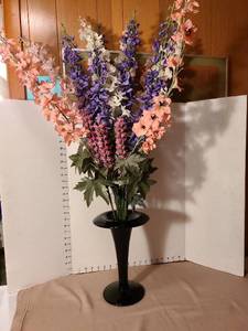 lot 1307 image: Artificial Flower Arrangement with Black Glass Vase