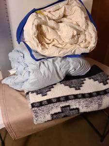 lot 1310 image: 2 fullqueen down comforters and a blanket.