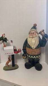 lot 1404 image: Carved Wooden Santa Claus Figurine 20 in tall with Lantern and American Flag Mailbox Display