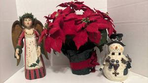 lot 1409 image: Poinsettia, Angel Figurine and Snowman