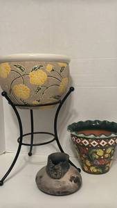 lot 1413 image: Ceramic Bowl with Metal Stand and Decorative Stone and more