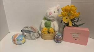 lot 1418 image: Bunny Plush, Ceramic Eggs, Tin Container and more