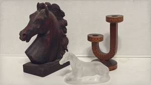 lot 1423 image: Horse Head Bust and Glass Horse Figurine with Wooden Candle Holder