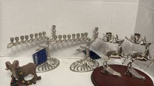 lot 1428 image: Silver-Plated Tree of Life Menorah with Reindeer Christmas Figurine and Reindeer Candle Holders