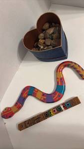lot 1432 image: Heart-Shaped Box with Stones and Painted Wood Snake and more