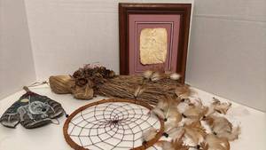 lot 1447 image: Native American Wolf  with Dreamcatcher and Framed Art