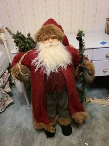 lot 1464 image: Large Santa Claus Christmas Figure with Garland and Burlap Sack 3.3 ft tall