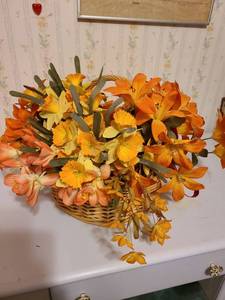 lot 1465 image: Orange Tiger Lily and Fall Flowers in Wicker Basket