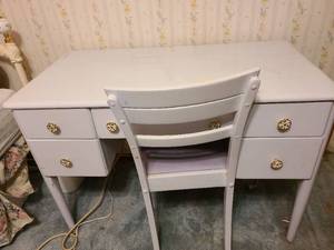 lot 1466 image: White Wood Desk with Chair and Decorative Brass Knobs 29x41x22