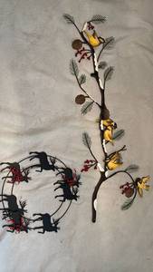 lot 1515 image: Metal Wall Art with Birds on Branch and Reindeer Wreath