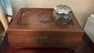 lot 1552 image: Carved Wooden Jewelry Box with Crystal Glass Jar