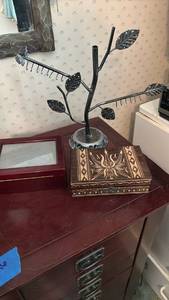 lot 1553 image: Metal Tree Branch Jewelry Organizer with Wooden Jewelry Boxes. One is a music box