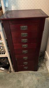 lot 1556 image: Wooden Standing Jewelry Armoire with Mirror and Drawers 41x19x16