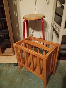 lot 1626 image: Wood and Metal Stool, 25 x 12 with Wooden Magazine Rack