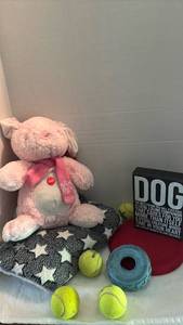 lot 2114 image: Dog toys and blanket with dog artwork