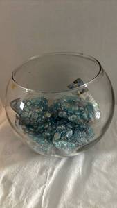 lot 2122 image: Iridescent Blue Glass Gems in Clear Bowl