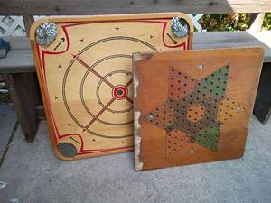 lot 2300 image: Vintage Carrom Game Table, Double Sided with Chinese Checkers Board.   Carrom Game is 29 x 29