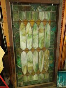 lot 2316 image: Vintage Stain Glass Window.  58 x 31 (there are a few slight cracks)