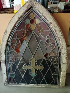 lot 2317 image: Vintage Stain Glass Window 37 x 28 (loose framing and a few broken  cracked pieces)
