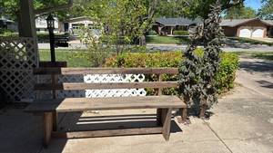 lot 3006 image: Wood Bench 3ft x 6ft 3inches x 15 inches and Two Faux Pine Trees Tallest is 6ft