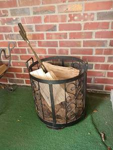 lot 3107 image: Metal Wood Holder with Tongs. 18 x 16