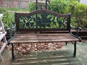 lot 3135 image: Outdoor Wooden Bench.   Needs repaired.   34 x 50 x 21