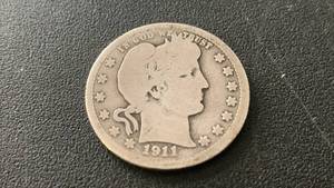lot 5 image: 1911 Barber Quarter Dollar Silver Coin 90% Silver