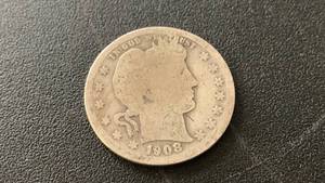 lot 6 image: 1908-D Barber Quarter Dollar Silver Coin 90% Silver