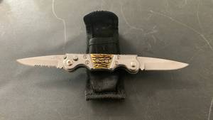 lot 12 image: USA Super Knife Dual Blade Folding Knife with Tiger Stripe Handle and Nylon Sheath approx 7.5 inches when open