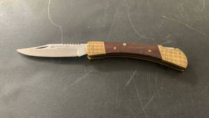 lot 13 image: Golden Tiger Folding Pocket Knife with Wood and Brass Handle approx 7 inches when open