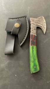 lot 20 image: Handcrafted Damascus Steel Full Tang Hatchet Cheese Axe with Wooden Handle and Sheath approx 7 inches