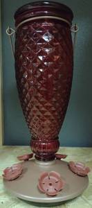 lot 360 image: Red Glass Diamond Pattern Hummingbird Feeder with Flower Ports
