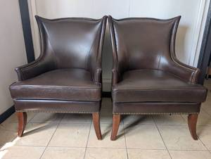 Bombay Brown Leather Wingback Armchairs with Nailhead Trim - 2 ct