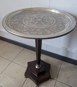 lot 1001 image: Bombay Ornate Pewter Round Side Table with Decorative Floral Pattern